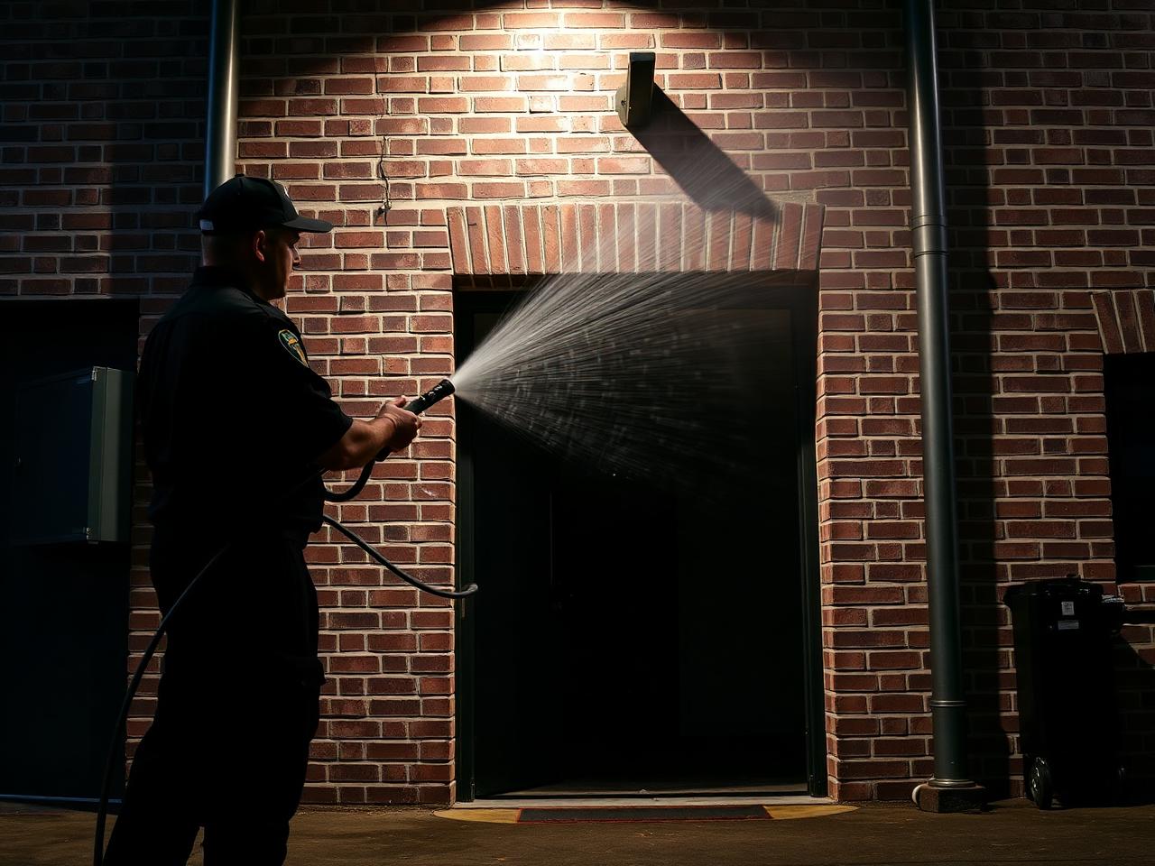 Technician treating commercial entryway